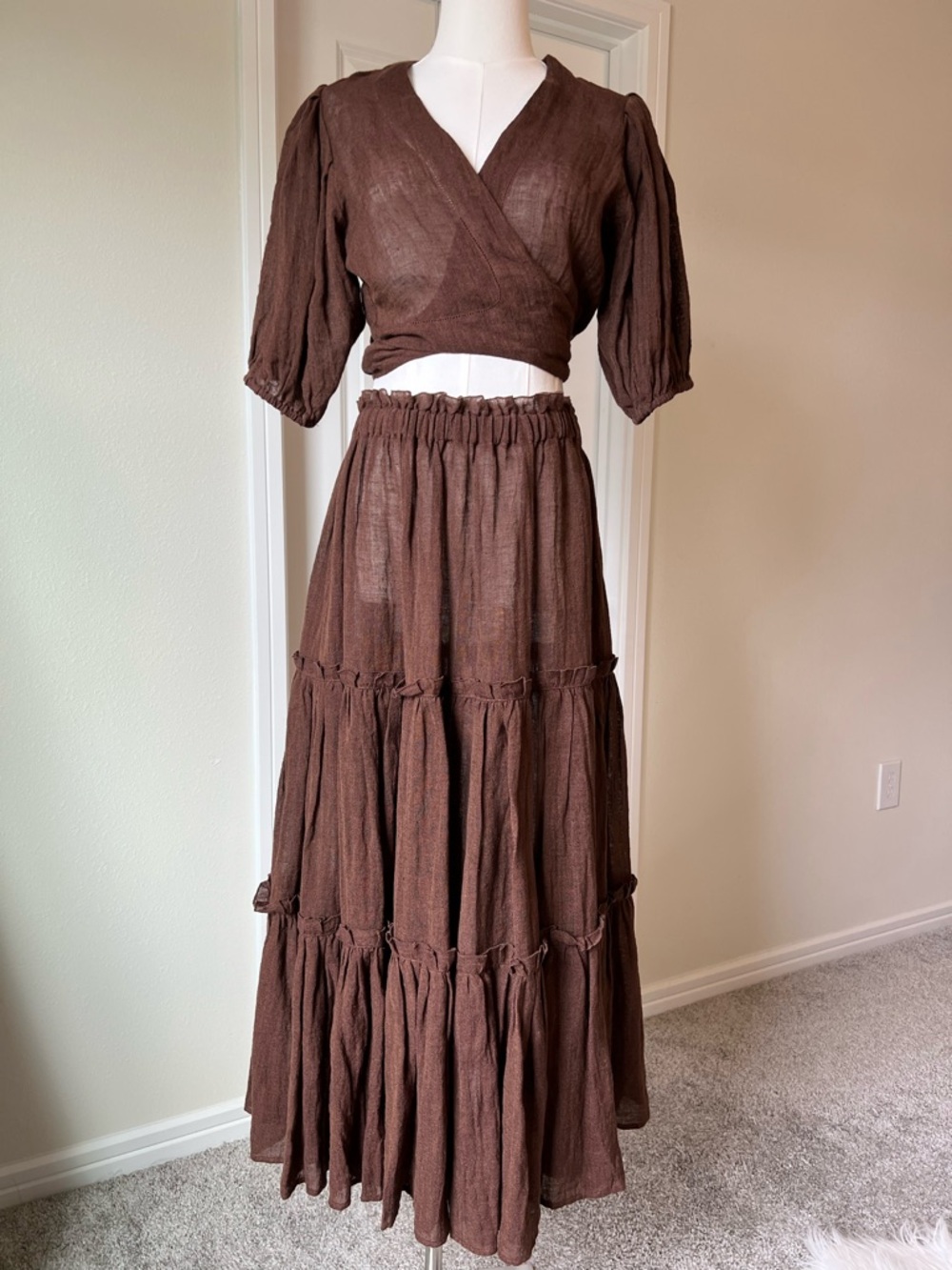 Lisa Marie Fernandez Linen Set Brown Wrap Crop Top Tiered Maxi Skirt Resort Wear